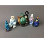 A CHINESE NOVELTY TEAPOT AND FOUR CHINESE FIGURES