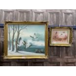 DUCKS IN FLIGHT, OIL PAINTING IN GILT FRAME AND ANOTHER