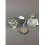 A LOT OF TWO SILVER TOPPED TOILET JARS AND A COIN