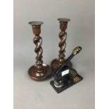 A PAIR OF OAK SPIRAL TWIST CANDLESTICKS AND OTHER ITEMS