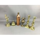 A PAIR OF BRASS CANDLESTICKS AND OTHERS