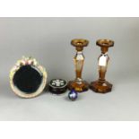 A PAIR OF AMBER GLASS CANDLESTICKS, BARBOLA DRESSING MIRROR AND OTHER ITEMS
