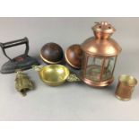A COPPER LAMP, SHOE LAST AND TRENCH ART CONTAINED IN A WICKER BASKET
