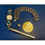 A SILVER FILIGREE BRACELET, SILVER AND STONE SET WRIST WATCH, A MEDALLION AND A STONE SET CLUSTER PE