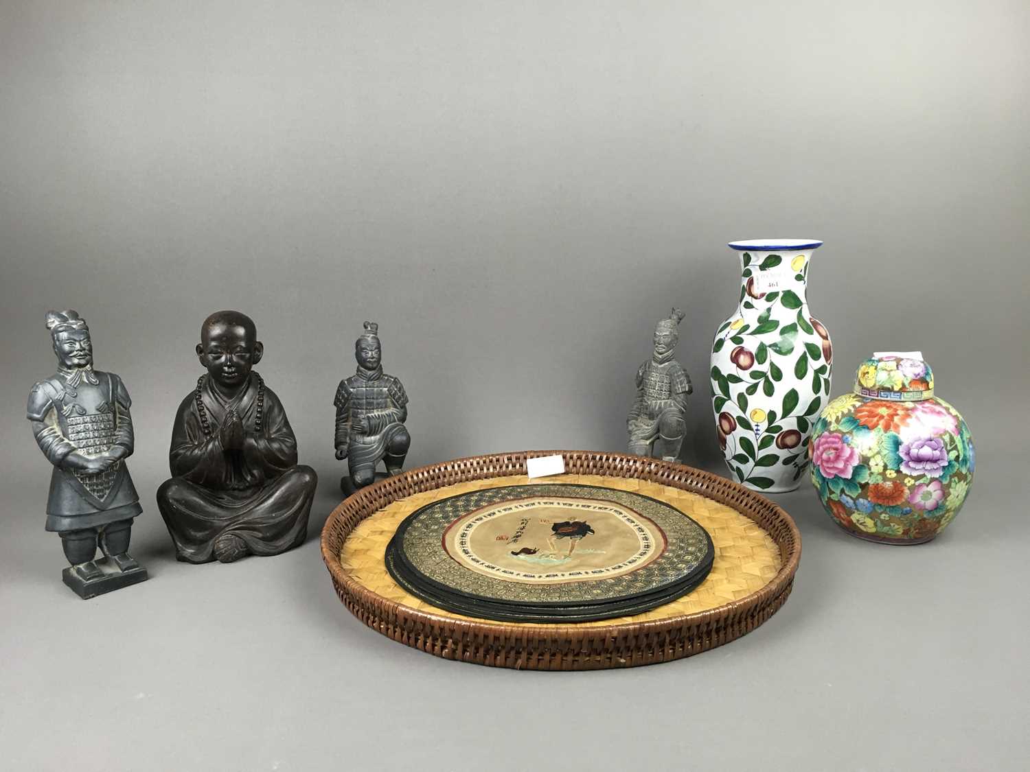 A CHINESE GINGER JAR, A VASE, TRAY AND TERRACOTTA WARRIOR FIGURES