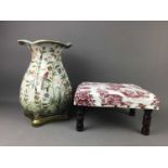 A CRACKLE GLAZE VASE ALONG WITH A FOOTSTOOL AND A MIRROR