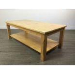 A MODERN BEECH WOOD RECTANGULAR COFFEE TABLE