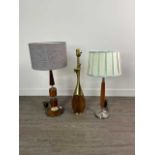 A RETRO TEAK AND BRASS TABLE LAMP AND TWO OTHER TABLE LAMPS