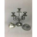 AN 'ORIVIT' ART NOUVEAU PEWTER CANDELABRUM AND TWO INKWELLS