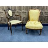AN EDWARDIAN MAHOGANY OPEN ELBOW CHAIR AND A GOSSIP CHAIR