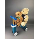 A WOODEN PAINTED SCOOTER ALONG WITH TWO TEDDY BEARS