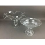 A FOOTED GLASS DISH ALONG WITH OTHER GLASS AND CRYSTAL WARE