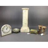 A PAIR OF HARDSTONE NEOCLASSICAL STYLE MINIATURE URNS, MANTEL CLOCK AND OTHER OBJECTS