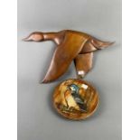 A CARVED WOOD FIGURE OF A DUCK, WALL CLOCK AND OTHER ITEMS
