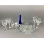 A SET OF SIX BOHEMIA CRYSTAL GLASSES, A CRYSTAL BOWL AND A HORS D'OEUVRES DISH