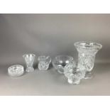 A LARGE COLLECTION OF CRYSTAL GLASSES, VASES, BASKETS AND DISHES