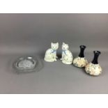 A PAIR OF CERAMIC CAT FIGURES ALONG WITH OTHER CERAMICS AND GLASS