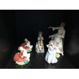 A ROYAL WORCESTER FIGURE OF 'SATURDAY'S CHILD' AND FOUR ROYAL DOULTON FIGURES