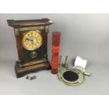 A MANTEL CLOCK, BONE KNITTING NEEDLES, FOUR COSTUME BROOCHES AND OTHER OBJECTS