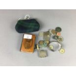 A SILVER STAMP BOX, ALONG WITH COINS AND A MAUCHLINE DICTIONARY