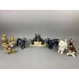 A PAIR OF ONYX BOOKENDS, CERAMICS AND BRASS FIGURES OF ANIMALS