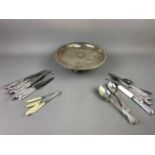 A SILVER PLATED THREE PIECE TEA SERVICE AND OTHER SILVER PLATED WARE