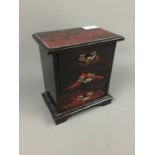 A MUSICAL MINIATURE CHINOISERIE CHEST OF DRAWERS ALONG WITH MUSICAL AND OTHER BOXES