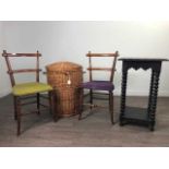 A PAIR OF VICTORIAN BEDROOM CHAIRS, WICKER BASKET AND AN OCCASIONAL TABLE