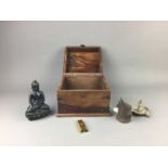 A WOODEN TRINKET BOX ALONG WITH OTHER ITEMS