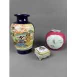 A CHINESE GINGER JAR, JAPANESE SATSUMA VASE AND A TRINKET BOX