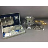 A SILVER PLATED TWIN HANDLED WINE COOLER AND OTHER SILVER PLATED ITEMS