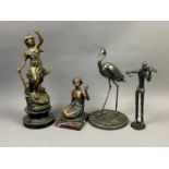 A PAIR OF TABLE LAMPS, BRONZED EFFECT STATUES AND A TIMEPIECE