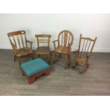 A CHILD'S OAK ARMCHAIR WITH THREE OTHER CHAIRS AND A FOOTSTOOL