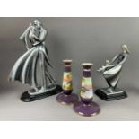 A PAIR OF NORITAKE CANDLESTICKS, VASES, CANDLESTICK AND FIGURES