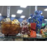 AN AMBER GLASS PUNCH BOWL, SIX SMALL BOWLS, VASES AND FIGURES