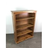 A LOT OF TWO PINE OPEN BOOKCASES ALONG WITH A CHEST OF DRAWERS