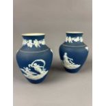 A PAIR OF ADAMS JASPER WARE BLUE AND WHITE VASES