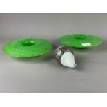 A PAIR OF ART GLASS MUSHROOM SHAPED DISHES ALONG WITH A PAPERWEIGHT