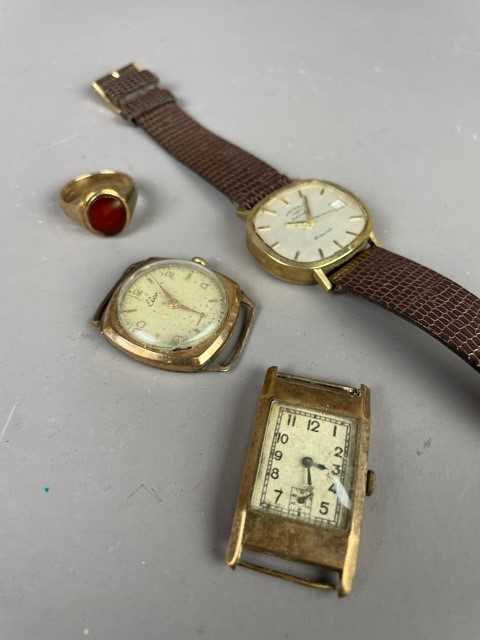 A NINE CARAT GOLD SIGNET RING AND THREE WATCHES