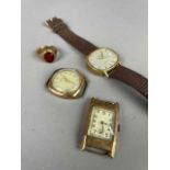 A NINE CARAT GOLD SIGNET RING AND THREE WATCHES