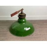 A GREEN ENAMELLED METAL PENDANT LIGHT FITTING