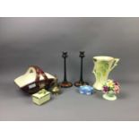 AN ART DECO ARTHUR WOOD VASE AND OTHER CERAMICS AND WOOD ITEMS