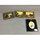 A LOT OF THREE MINIATURE OIL LANDSCAPES ALONG WITH A PORTRAIT