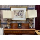 A PAIR OF TABLE LAMPS BY COACH HOUSE FURNITURE AND A MANTEL CLOCK