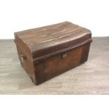 A VINTAGE TIN TRUNK, BRASS JELLY PAN, COPPER KETTLE AND OTHER METAL WARE