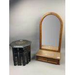 AN OAK DRESSING MIRROR AND A SMALL FOLDING TABLE