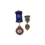 A MASONIC INTEREST SILVER AND ENAMEL JEWEL ALONG WITH ANOTHER