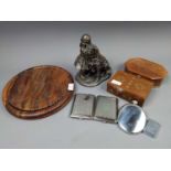 A LOT OF TWO INLAID BOXES ALONG WITH A WOODEN TRAY AND OTHER ITEMS