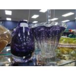 AN AMETHYST GLASS VASE, OTHER COLOURED GLASS VASES, BASKETS AND DISHES