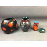 A POOLE POTTERY VASE, TWO OTHER VASES AND A LIDDED BOX